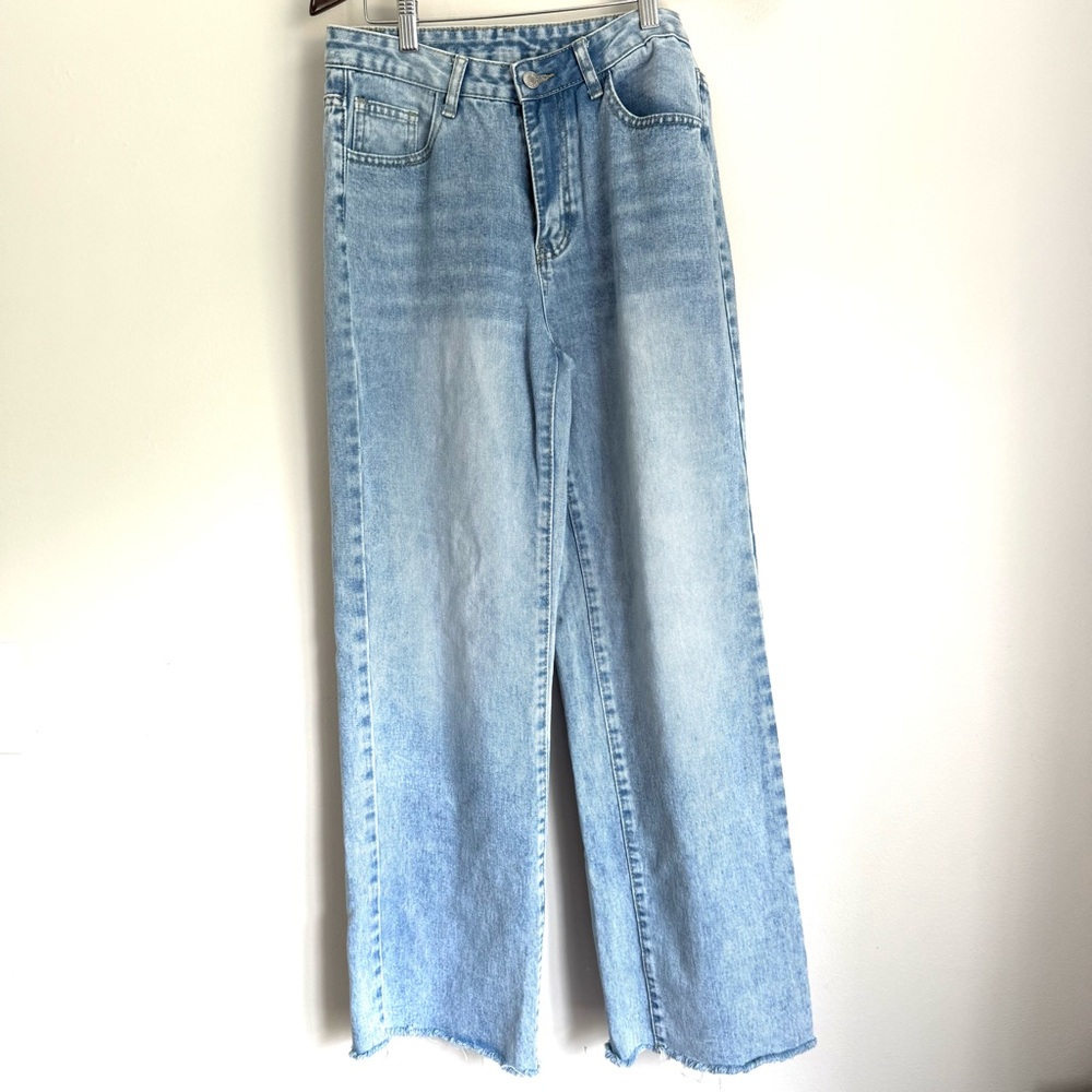 SHEIN Womens 28 Light Wash Raw Hem Full Length Wide Leg Mid-Rise Jeans PP9